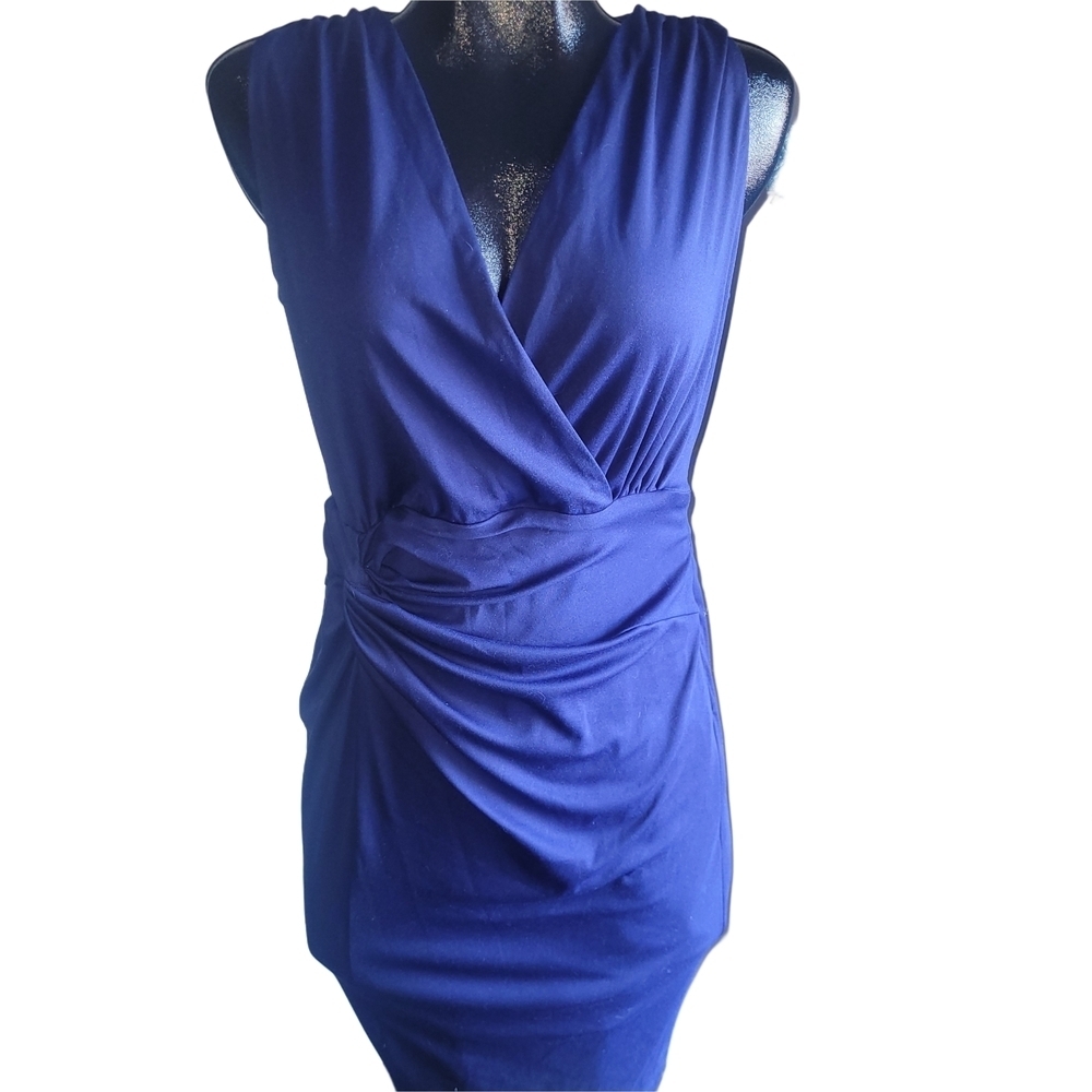 Grace Karin Blue Sleeveless Faux Wrap Midi Sheath Dress Size M - Picture 2 of 7